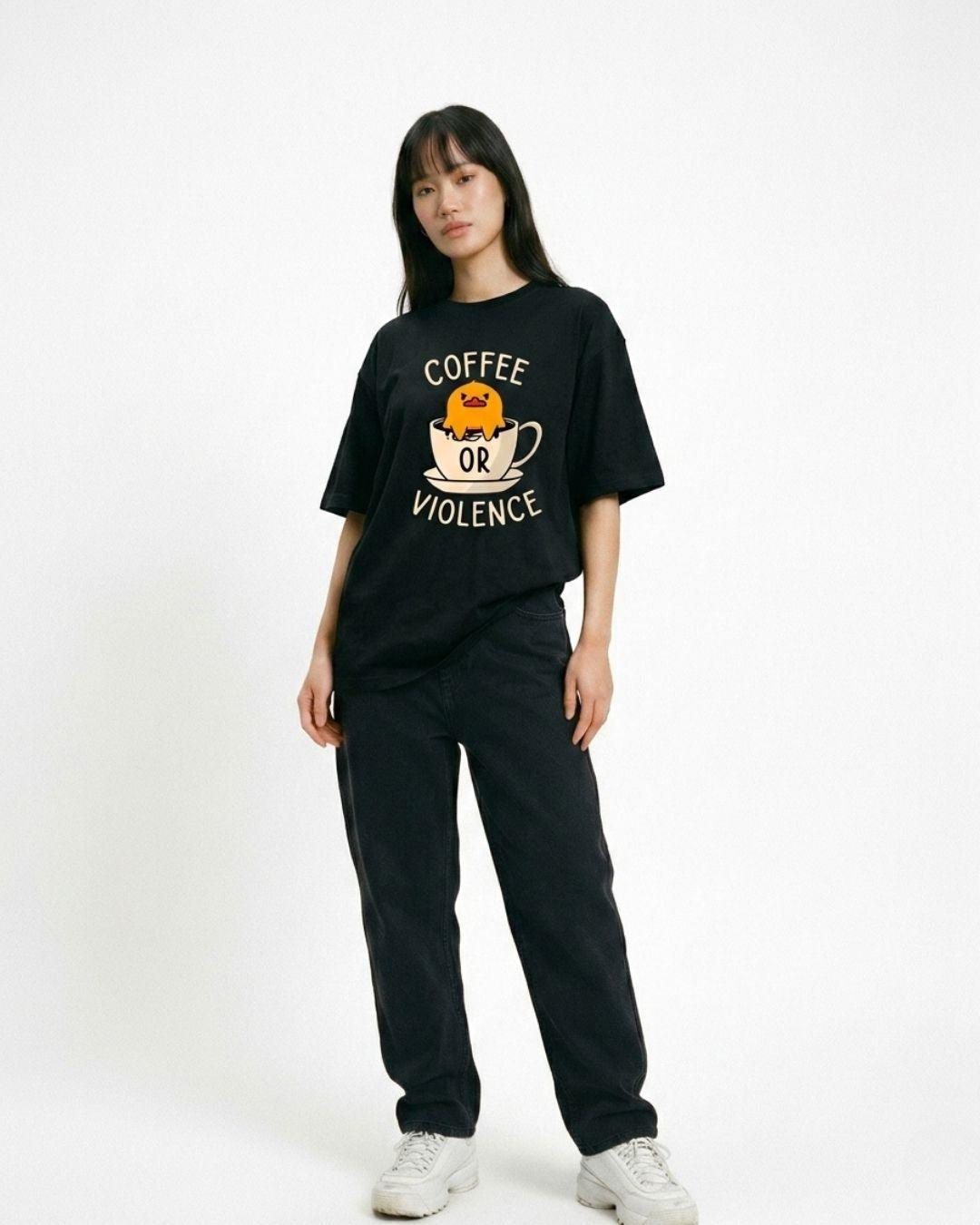 COFFEE OR VIOLENCE WOMEN OVERSIZED GRAPHIC T-SHIRT