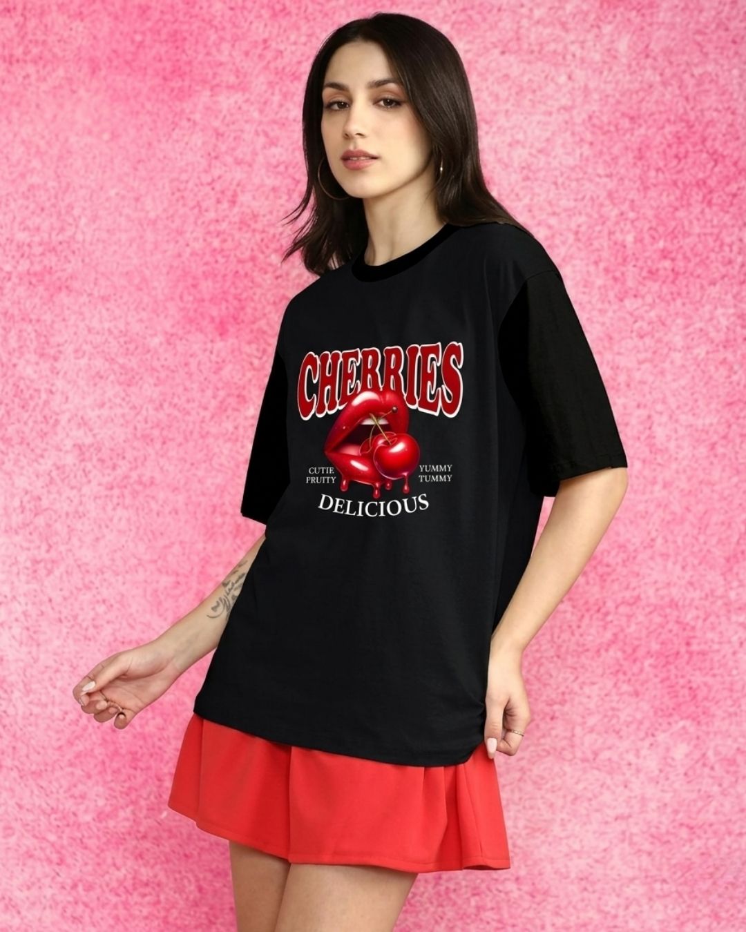 DELICIOUS CHERRIRS WOMEN OVERSIZED GRAPHIC T-SHIRT