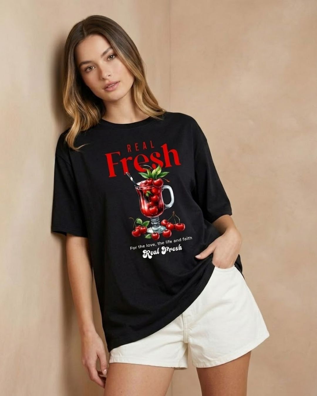 FRESH CHERRY WOMEN OVERSIZED GRAPHIC T-SHIRT