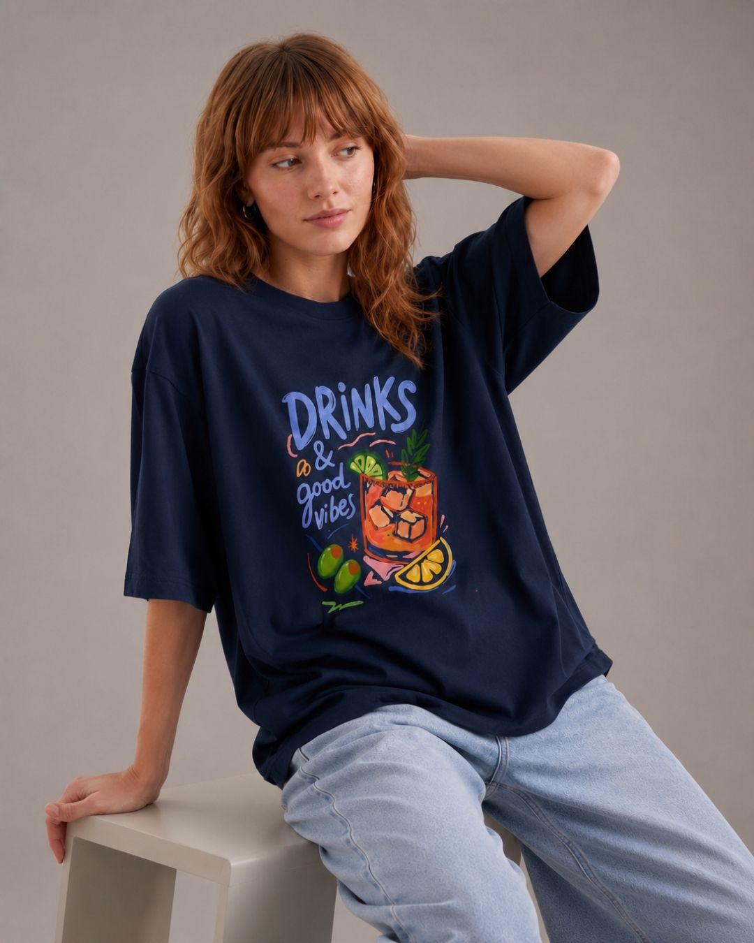 GOOD VIBES WOMEN OVERSIZED GRAPHIC T-SHIRT