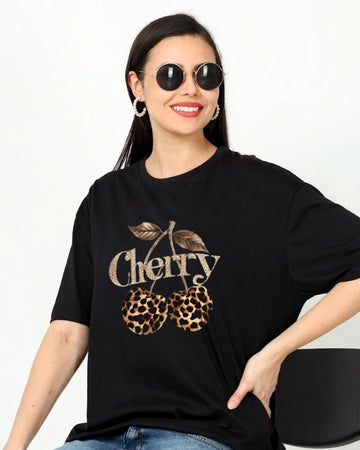 LEOPARD CHERRY WOMEN OVERSIZED GRAPHIC T-SHIRT