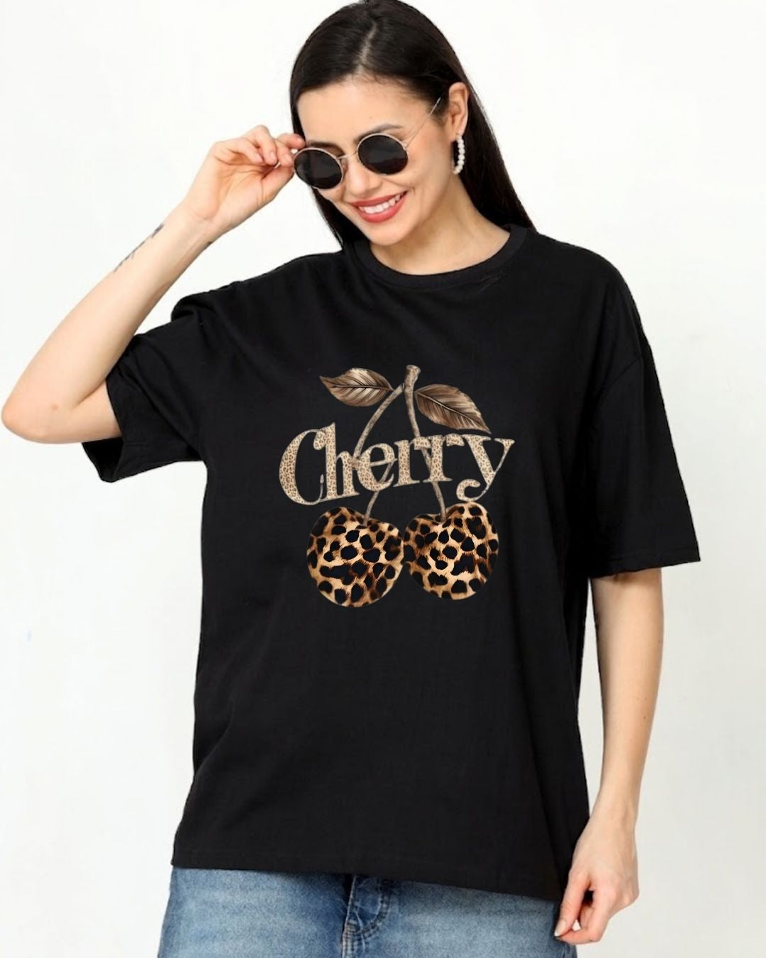 LEOPARD CHERRY WOMEN OVERSIZED GRAPHIC T-SHIRT