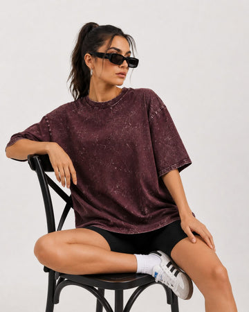 MAROON ACID WASH WOMEN'S OVERSIZED T-SHIRT