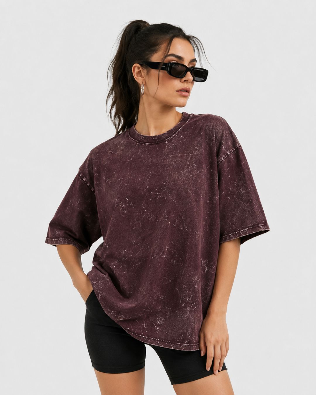 MAROON ACID WASH WOMEN'S OVERSIZED T-SHIRT